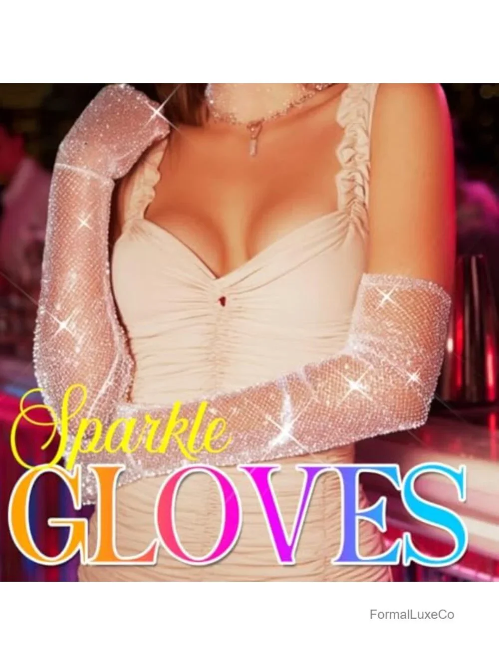 Rhinestone Fishnet Long Gloves - Glitter Mesh Elbow Length Rave Costume Gloves